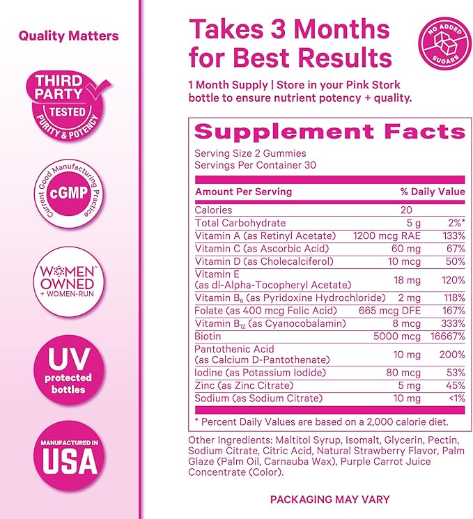 Pink Stork Total Glow Gummies for Women – Hair Skin &amp Nails Vitamin with Biotin Vitamin A B6 B12 Folate Zinc &amp More – Support for Radiant Skin Strong Nails and Healthy Hair – 60 Berry