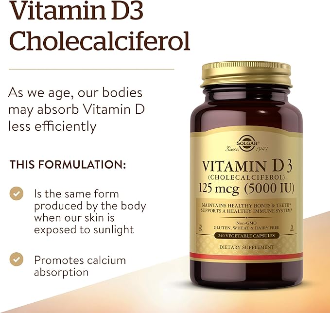 Solgar Vitamin D3 (Cholecalciferol) 125 mcg (5000 IU) 240 Vegetable Capsules - Helps Maintain Healthy Bones &amp Teeth - Immune System Support - Non-GMO Gluten Free - 240 Total Servings