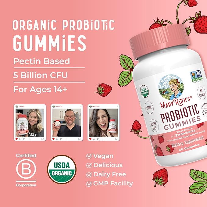 MARYRUTH'S USDA Organic Probiotic Gummies Probiotic Digestive Support | Immune Support | Digestive &amp Gut Health Supplement | 5 Billion CFU | Vegan | Non-GMO | Gluten Free | 60 Count