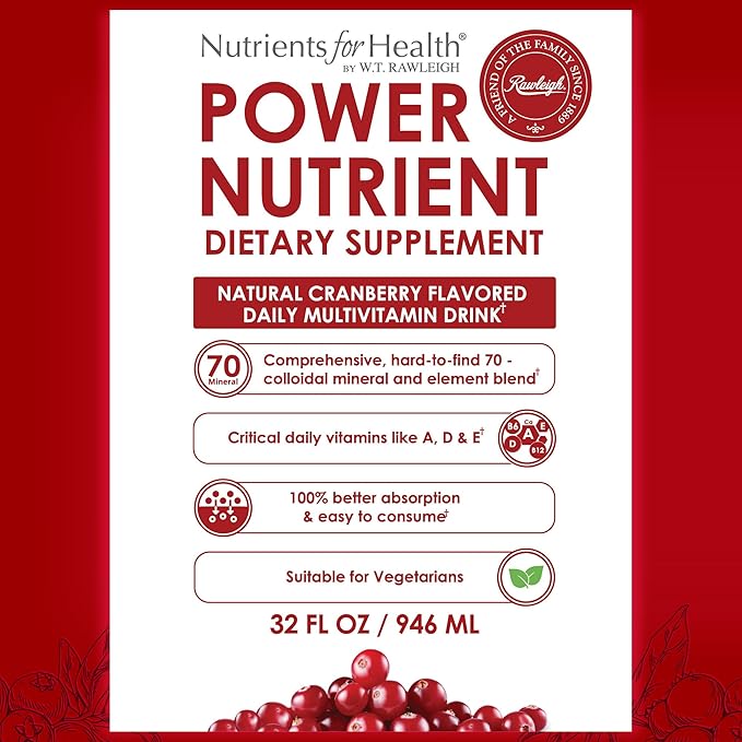 Rawleigh Power Nutrient: 32 fl oz for 1 Month - Cranberry Flavor Daily Multivitamin Liquid Supplement for Men Women with VIT. A - zinc &amp 70 Colloidal Trace Minerals Vegetarian-Friendly GMO Fre