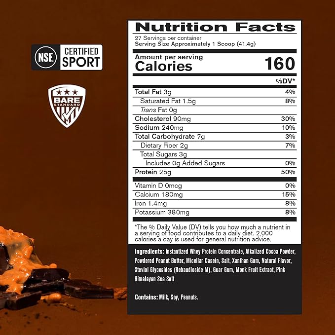 BARE PERFORMANCE NUTRITION BPN Whey Protein + Casein Protein Powder Blend Chocolate Peanut Butter 25g Protein per Serving Supports Lean Muscle Recovery 27 Servings Third Party Tested