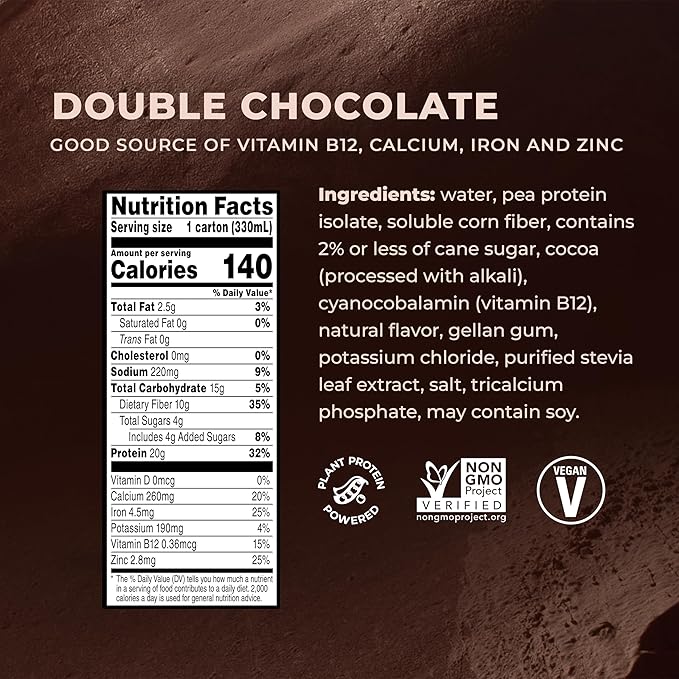 Evolve Plant Based Protein Shake Double Chocolate 20g Vegan Protein Dairy Free No Artificial Sweeteners Non-GMO 10g Fiber 11 Fl Oz (Pack of 12) - (Formula May Vary)