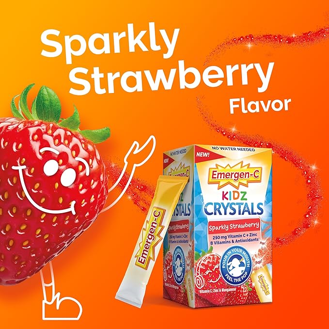 Emergen-C Kidz Crystals On-the-Go Emergen-C Immune Support Supplement with Vitamin C B Vitamins Zinc and Manganese Sparkly Strawberry Stocking Stuffer - 56 Stick Packs