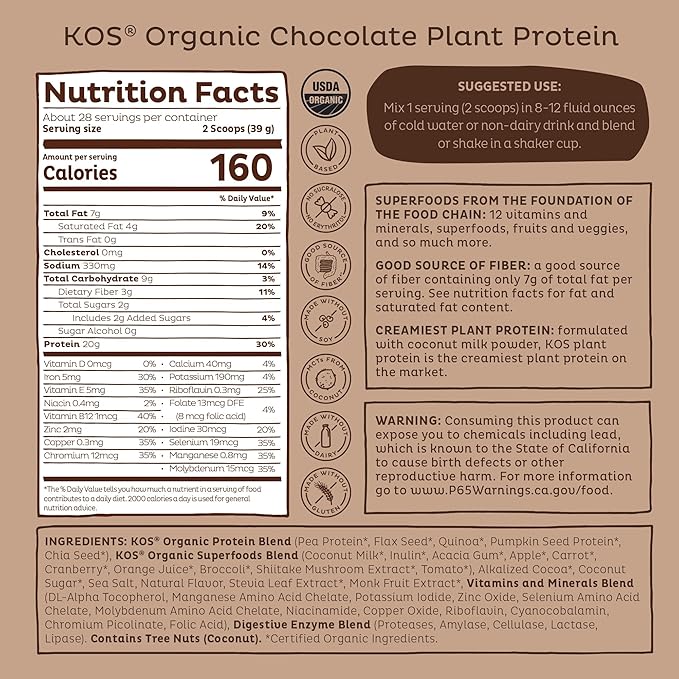 KOS Vegan Protein Powder Erythritol Free Chocolate - Organic Pea Protein Blend Plant Based Superfood Rich in Vitamins &amp Minerals - Keto Dairy Free - Meal Replacement for Women &amp Men 28 Ser
