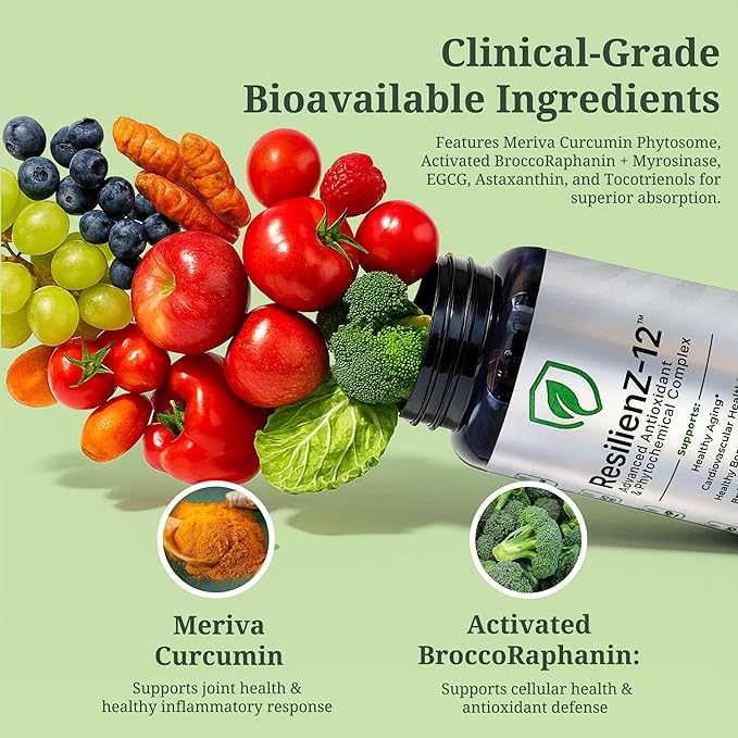 ResilienZ-12 Healthy Aging &amp Cellular Health – 12-in-1 Longevity Antioxidant Complex w/Meriva Curcumin Phytosome Sulforaphane CoQ10 EGCG Resveratrol Quercetin Tocotrienols &amp Astaxanthin