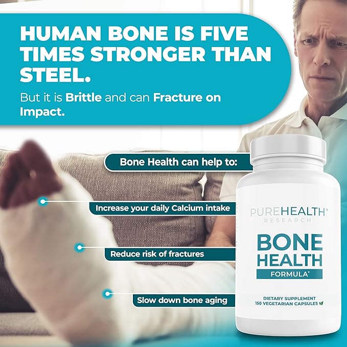 PUREHEALTH RESEARCH Bone Health Formula Calcium &amp Magnesium Supplement - with Iron Zinc Copper Vitamin D C K2 &amp More - Bone &amp Joints Vitamins for Women &amp Men 150 Capsules