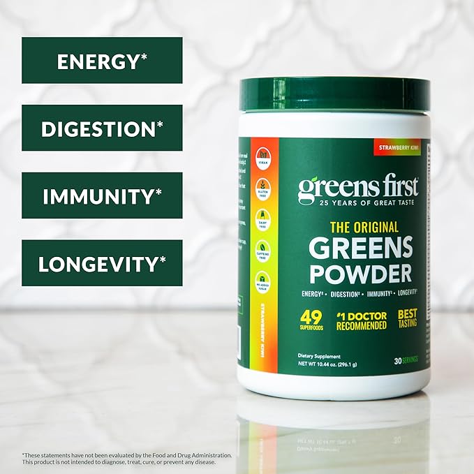 Greens First Original Greens Powder - 49 Superfoods - Organic Fruits &amp Veggies - Prebiotics Probiotics &amp Digestive Enzymes - Antioxidant - Dairy Free/Vegan/Non-GMO (Strawberry Kiwi 30 Servin