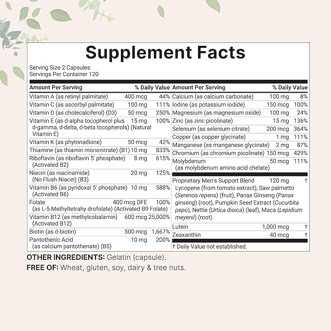 Micro Ingredients Pure Methylated Multivitamin for Men 240 Capsules | with Vitamin C D E B Complex + Methylfolate lycopene Saw Palmetto Ginseng &amp Maca | Men’s Daily Support | Filler Free