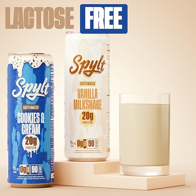 Spylt High Protein Cookies &amp Cream/Vanilla Milk with 60mg Caffeine &amp 20g Protein - 90 Calories Ready to Drink Sugar Free Lactose Free Milk Perfect for Workout Recovery &amp Afternoon Pick