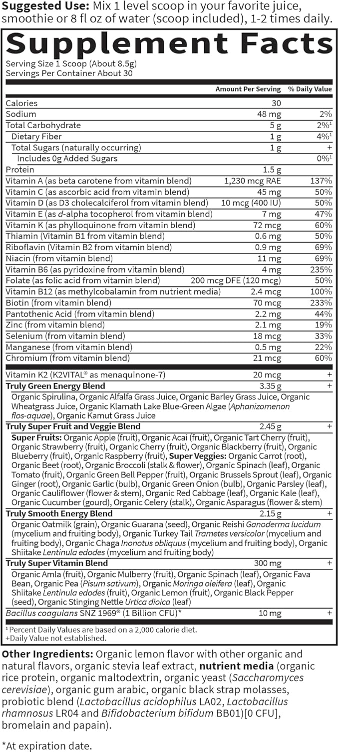 Garden of Life Sport Nutrition Greens and Superfoods Powder for Women and Men - Unflavored Organic Blend - Spirulina Fruit Vitamins Pre &amp Probiotics Mushrooms Athletic Supplements 30 Servin