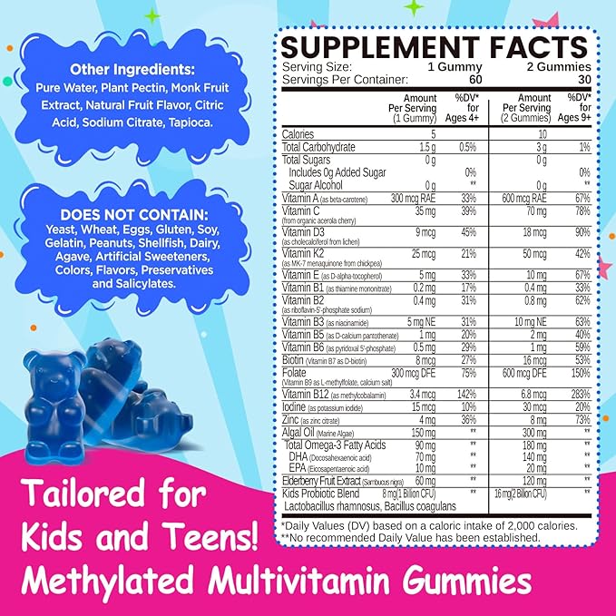Kids Methylated Multivitamin - MTHFR Multivitamin for Kids &amp Teens 4+ L Methylfolate &amp B12 13 Vitamins Vegan Omega-3 Zinc Probiotics &amp Elderberry Immune Support Brain Health Sugar-