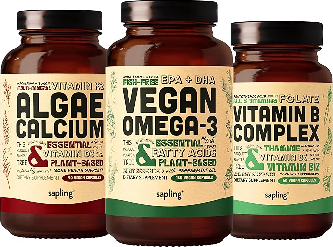 Vegan Omega 3 180 Softgels &amp Algae Calcium &amp Vitamin B Complex Bundle - Plant Based DHA &amp EPA Calcium Supplement from Red Algae Essential B Vitamins