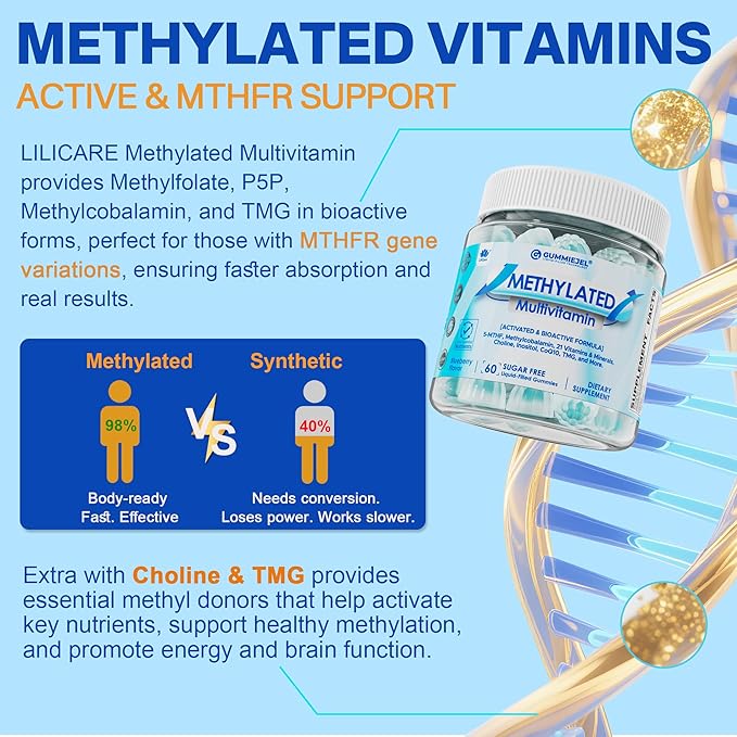 Methylated Multivitamin for Men &amp Women Gummies + Greens &amp Mushroom Blend Methylfolate &amp B12 TMG Choline Daily Vitamin A C D3K2 E B Complex Coq10 ALA for Overall Wellness Sugar