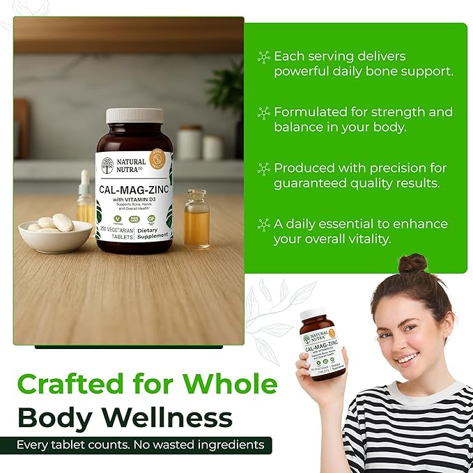 Natural Nutra Calcium Magnesium Zinc with Vitamin D3 - CMZ Supplement | Bone Strength Immune Support Muscle &amp Nerve Health - Cal-Mag Zinc Supplement - Gluten Free - Digestion Support - 250 Table