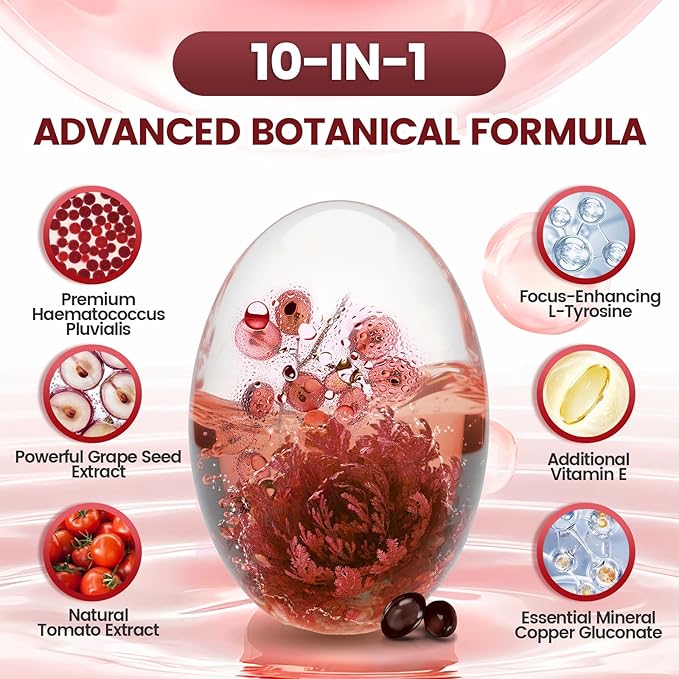 VivoNu Astaxanthin 24mg – Powerful Antioxidant Support for Skin Eyes &amp Immune System – 10-in-1 Formula with Lycopene Grape Seed Vitamin E &amp Zinc – Triple Strength 480 Softgels 2 Bag