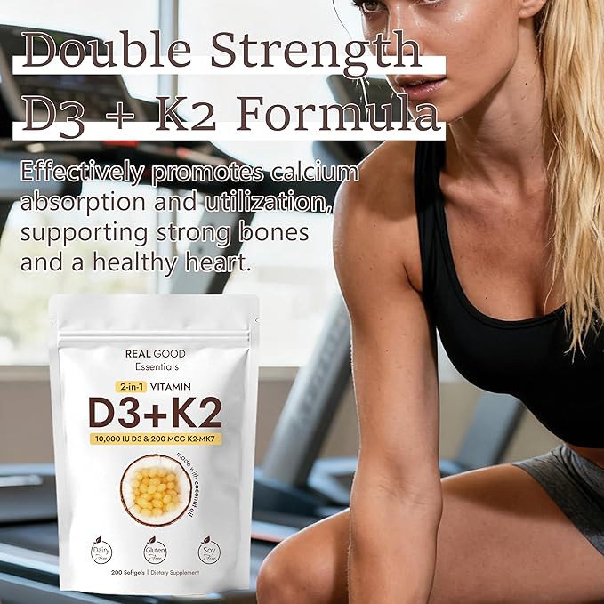 Real Good Essentials Vitamin D3 K2 10000 IU 200 Virgin Coconut Oil Softgels 2 in 1 Vitamins Supplement D &amp K (Include MK7) Easy to Swallow Supports Calcium Absorption Bone Health (1pc)