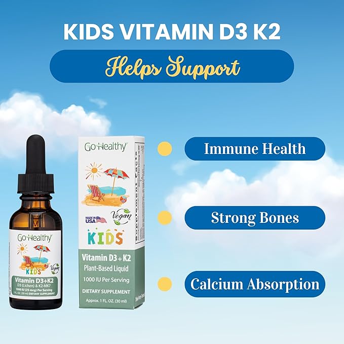 Go Healthy Kids Vitamins D3 K2 (MK-7) Child Vitamin D Liquid Vegan D3 K2 Drops for Kids Sugar-Free Easy-to-Absorb Children's Growth &amp Immune Support Vanilla Flavor - 30 Servings