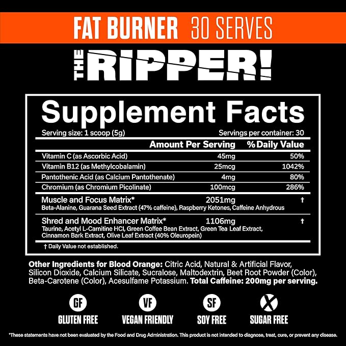 JNX SPORTS The Ripper! Fat Burner Pre Workout for Men &amp Women – Thermogenic Fat Burning Powder &amp Appetite Suppressant Boost Energy &amp Endurance – Blood Orange 30 Servings