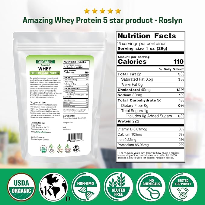 Z Natural Foods Organic Whey Protein Concentrate - Nutrient-Dense Grass Fed Whey Protein Powder - Cold Processed Pure Whey Protein with Essential Amino Acids for Nutrition &amp Fitness Unflavored 1