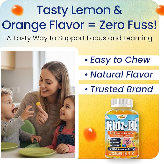 Kidz IQ Focus Gummies for Kids &amp Teens Omega 3 DHA Brain Vitamins for Kids Brain Supplements for Memory and Focus Orange Flavor Non-GMO Gluten-Free – 60 Gummies