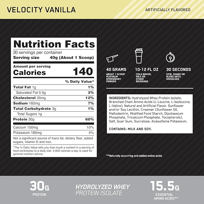 Optimum Nutrition Platinum Hydrowhey Protein Powder 100% Hydrolyzed Whey Protein Isolate Powder Flavor: Velocity Vanilla 20 Servings 1.76 Pounds (Packaging May Vary)