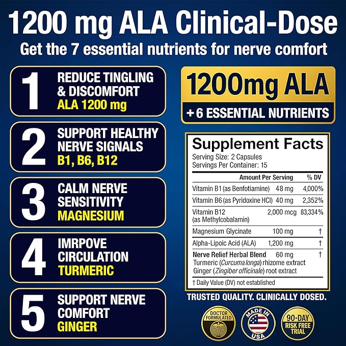 Nerve Health Supplement with 1200 mg Alpha Lipoic Acid to Fortify Nerve Health and Function in Fingers Hands Toes &amp Feet – 1200mg ALA Vitamins B12 B6 &amp B1 Magnesium – 30 Capsules