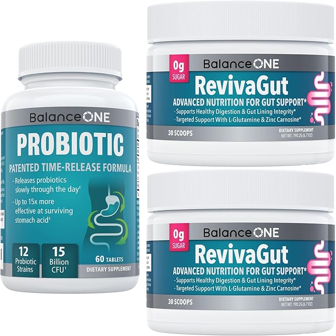 Balance ONE 2-Month Complete Digestive Support Bundle – Intestinal Barrier &amp Microbiome Kit – Includes 2X RevivaGut Powder &amp 1x Daily Probiotic (3 Pieces)