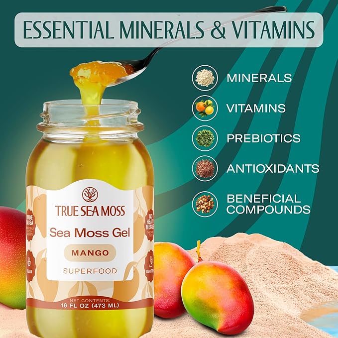 TrueSeaMoss Sea Moss Gel – Made in USA – Wildcrafted Seamoss Fruits &amp Jarred Vegetables – Mango Pack of 3 (Labels may Vary)