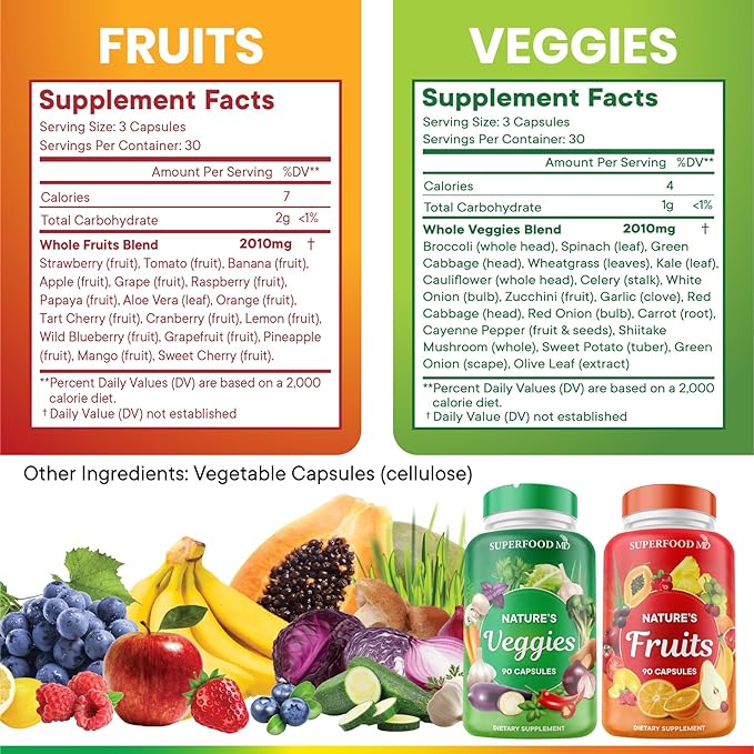 Superfood 180 Fruit and 180 Veggie Capsules - Whole Food Natural Superfoods - Maintain Energy Levels with Beta Carotene - Soy Free (90 Count (Pack of 4)