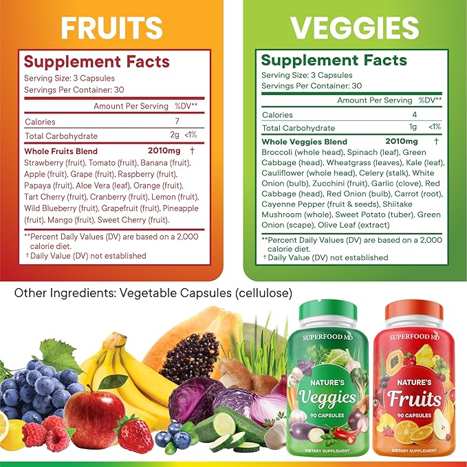 Superfood MD Fruits &amp Veggies Supplement - Whole Food Natural Superfoods - with Beta Carotene - Soy Free- 90 Count (Pack of 2)