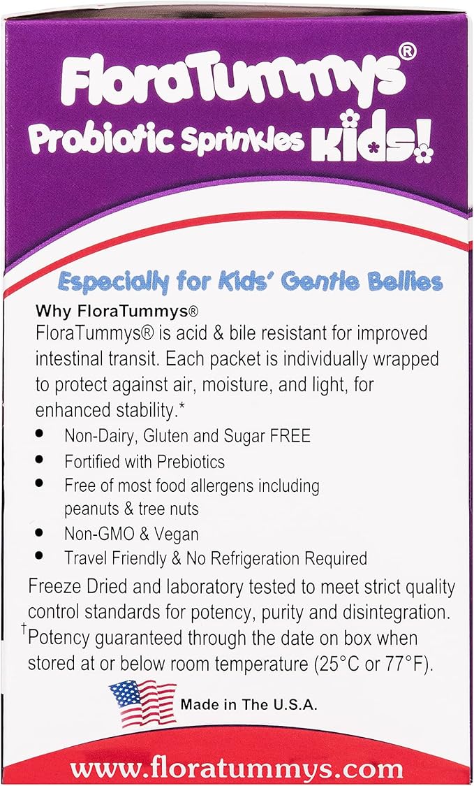 FloraTummys Probiotic Sprinkles for Kids: 30 Taste-Free Powder Packets Free of Food Allergens Non-Dairy Gluten Free Sugar-Free Non-GMO Vegan