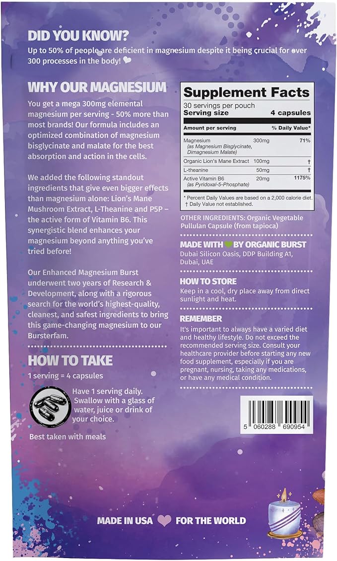 Enhanced Magnesium (Capsules) | Precise 300mg per Serving | Enhancement Blend: Organic Lion's Mane Extract L-theanine Active Vitamin B6 | 120 Capsules - by Organic Burst