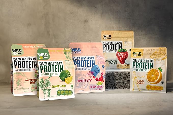 WILD SOCIETY - Clear Protein Powder + Electrolytes - 20g Clear Whey Protein Isolate Drink - Zero Sugar - 0g Lactose - Natural Flavors &amp Colors - Muscle Post Workout Recovery - Watermelon Lime 16