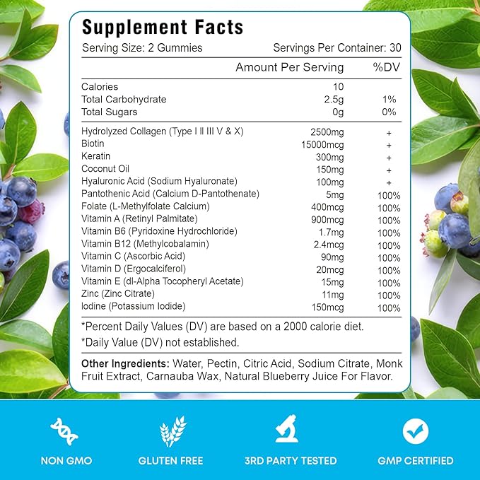 2 Pack Biotin Gummies with Collagen &amp Keratin for Hair Skin Nails- Women Men Kids - 120 Blueberry Flavored Gummies