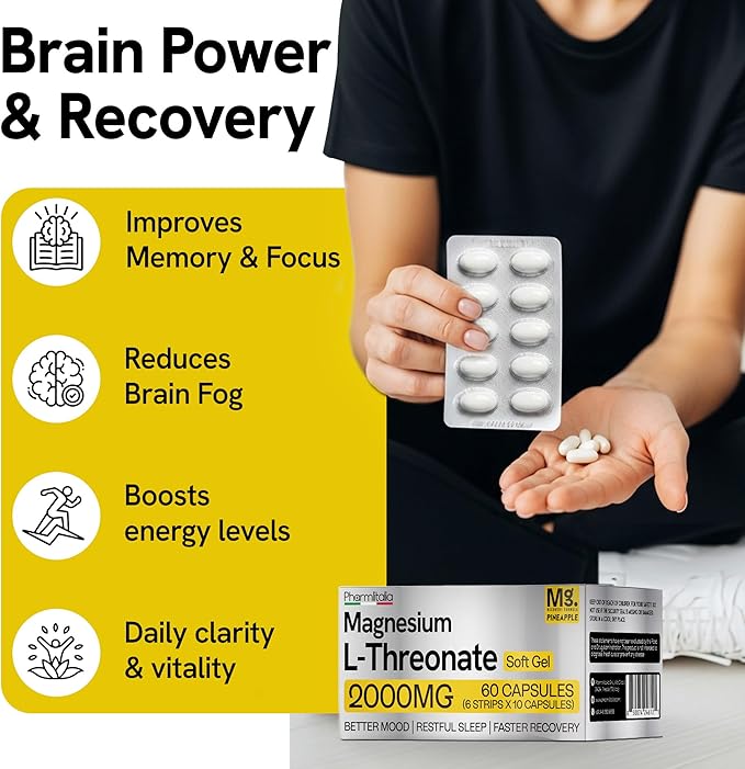 Magnesium L-Threonate Supplement 2000mg Soft Gels for Better Sleep - Brain Supplements for Memory and Focus - High Absorption Muscle and Brain Support - Stress Relief - 60 Count