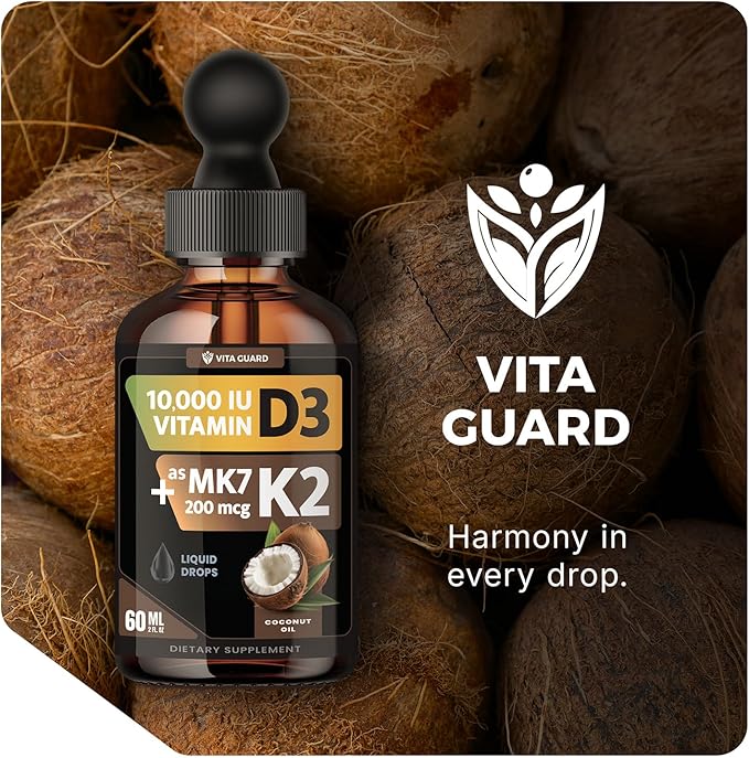 (2 Pack) Vitamin D3 K2 Liquid Drops 10000 IU + 200 mcg MK-7 – High Absorption Sugar-Free Non-GMO Bone &amp Immune Booster Vegan Supplement with Coconut Oil – 60 ml (2 oz)
