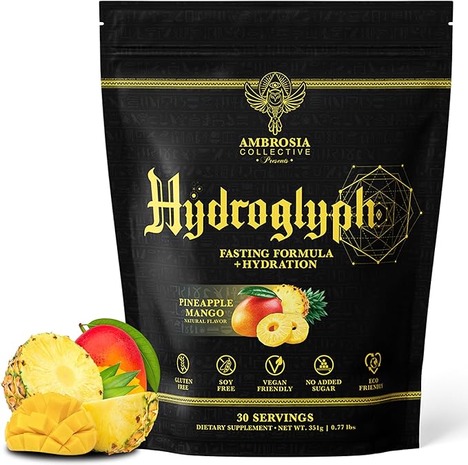Ambrosia Hydroglyph Intraworkout Electrolytes Hydration Drink Mix | Sugar Free Electrolyte Powder with Amino Acids | Supports Lean Muscle During Fasting | 30 Servings | Pineapple Mango