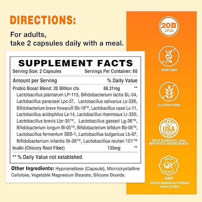 Vitamin World Probiotic 16 20 Billion CFU 16 Strains with Prebiotic Fiber for Digestive &amp Immune Health Probiotics for Women &amp Men Non-GMO Gluten Free 120 Veggie Capsules 60 Day Supply