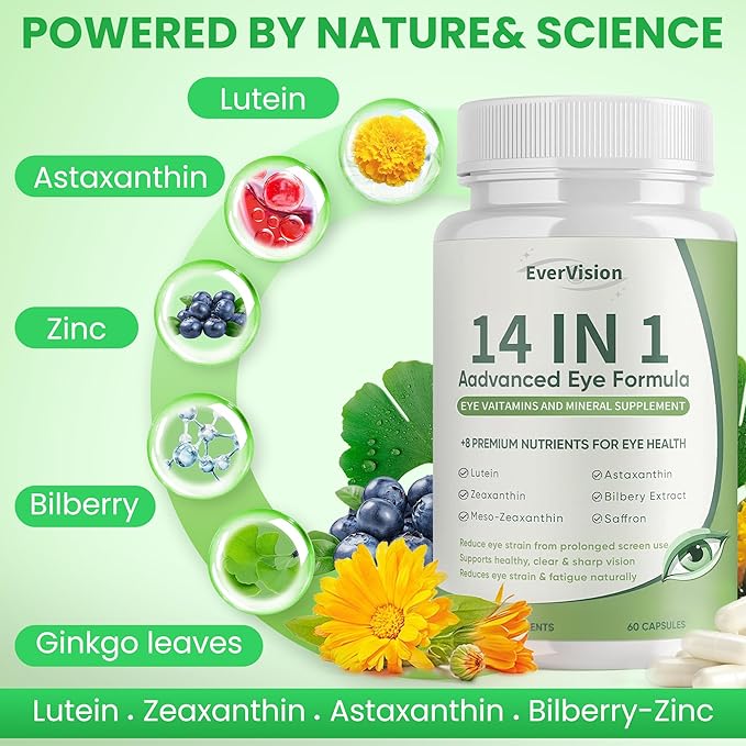 14 in 1 Advanced Eye Formula Eye Supplement with Lutein Zeaxanthin Vision &amp Focus Suitable for Adults and Seniors Support 60 Capsules (1)