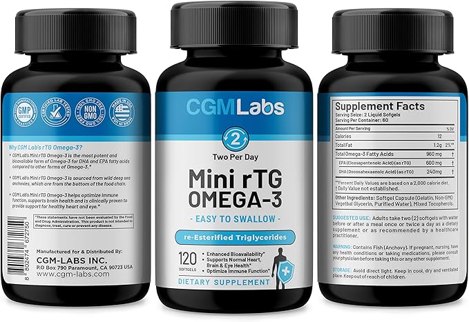 rTG Omega-3 Fish Oil – 960 mg EPA &amp DHA per Serving | Burpless High-Absorption Re-Esterified Triglyceride from Wild-Caught Anchovy | 120 Softgels