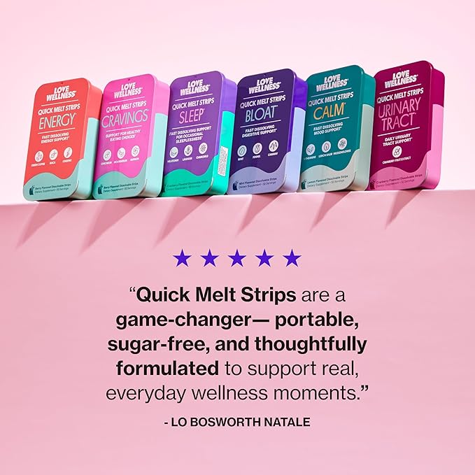 Love Wellness Bloat* Quick Melt Strips - Fast-Dissolving Digestive Support with Mint Fennel and Caraway - Helps Ease Occasional Bloating* - No Water Needed - Vegan and Sugar Free - 32 Strips