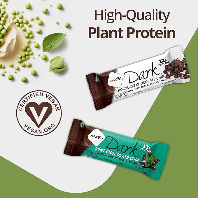 NuGo Dark Variety Box - Pretzel Chocolate Chip Mint Chocolate Chip Mocha Peanut Butter Cup and Almond 11-12g Protein Vegan Gluten Free Kosher Pareve 12 Count Variety