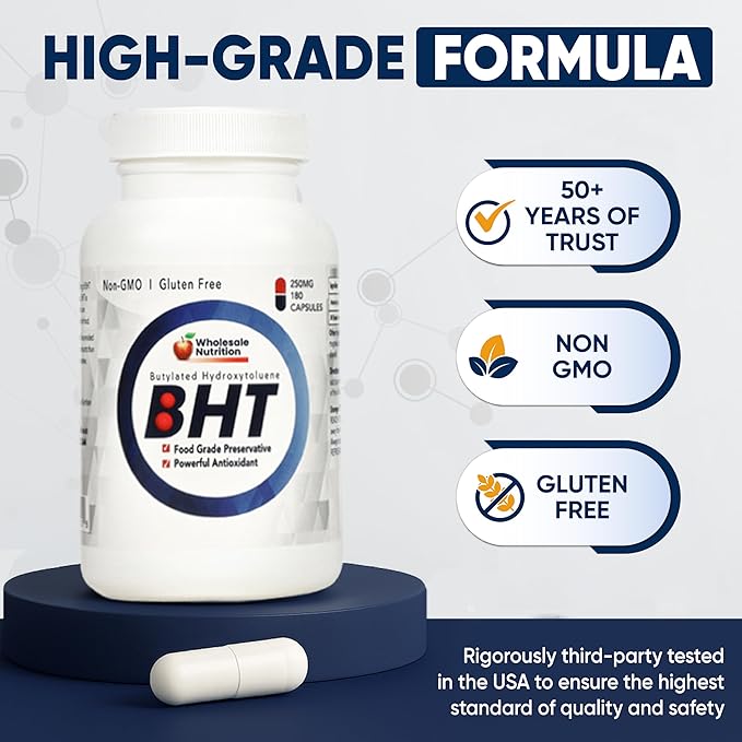 Wholesale Nutrition BHT - 250mg Potent Antioxidant - Non-GMO Gluten-Free - Enhance Oil/Fat Preservation - Pure Butylated Hydroxytoluene for Foods/Oils - 180 Capsules