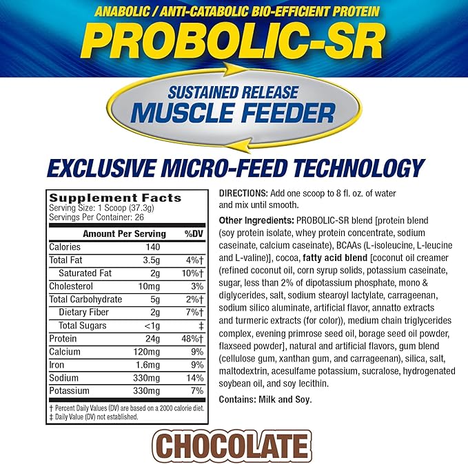 Maximum Human Performance Probolic-SR Sustained Release Protein Powder 24g Protein BCAAs Glutamine Arginine Pre-Workout Post-Workout Nighttime Protein 2lbs 26 Servings Chocolate
