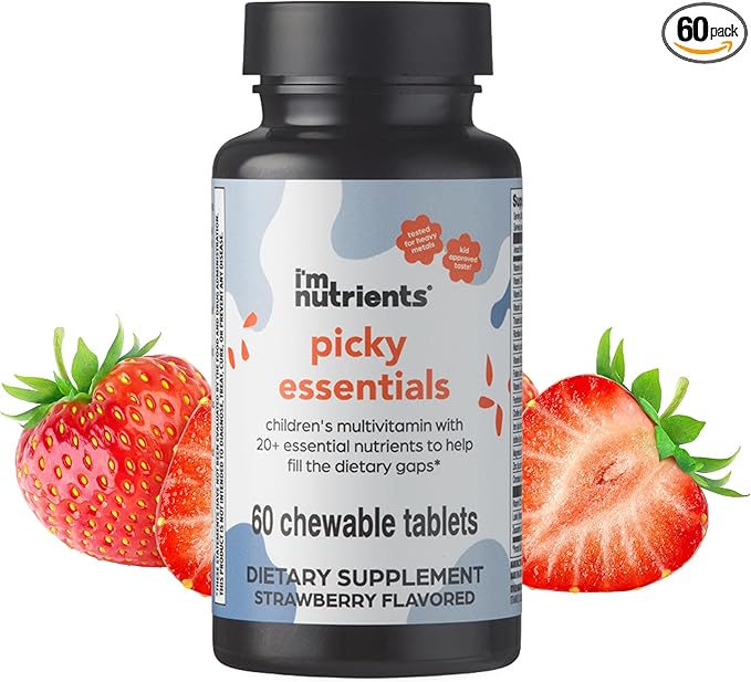 Picky Essentials Kids Multivitamin with Iron + Zinc | 20+ Essential Nutrients | Ages 2+ | Naturally Strawberry Flavored | Vitamins and Minerals A C D3 Bs | No Added Sugar | 60 Chewable Tablets