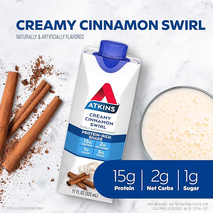 Atkins Creamy Cinnamon Swirl Protein Shake 15g Protein 12 Count and Atkins Endulge Peanut Butter Cups 20 Count Bundle