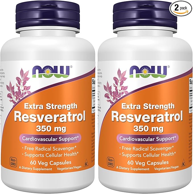 NOW Foods Supplements Extra Strength Resveratrol 350mg Natural Trans Resveratrol from 700 mg Japanese Knotweed Extract 60 Veg Capsule (Pack of 2)