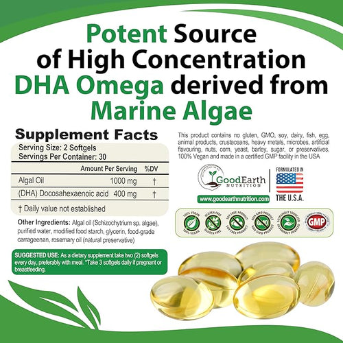 Algal Oil - Vegan DHA Omega 3 Fish Oil Supplements - Brain BoosterSupplement &amp Prenatal Vitamin -Provides Healthy Heart &amp Immune Support - Burpless Algae Supplement - 60 Mini Fish Softgels
