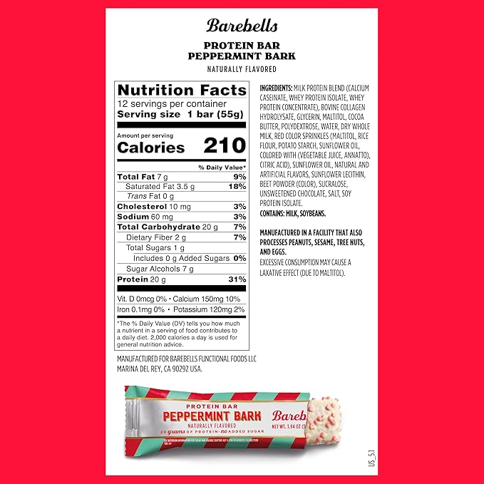 Barebells Protein Bars Peppermint Bark – 24 Count (Pack of 2) 20g Protein Creamy Vanilla Nougat with 1g Sugar White Chocolate Coated Snack for Breakfast or Post-Workout