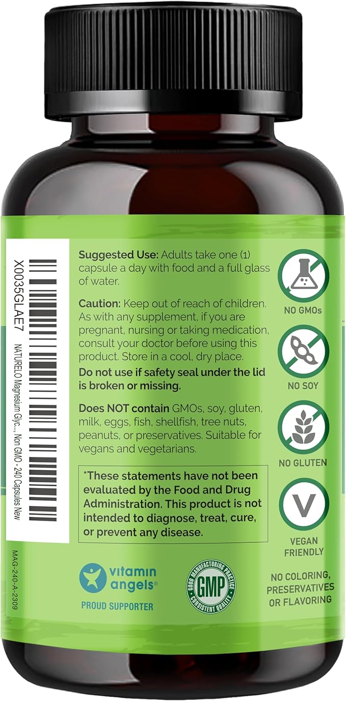 NATURELO Magnesium Glycinate Chelate Complex - 200 mg Magnesium with Organic Vegetables to Support Sleep Calm Muscle Cramp &amp Stress Relief - Gluten Free Non GMO - 240 Capsules